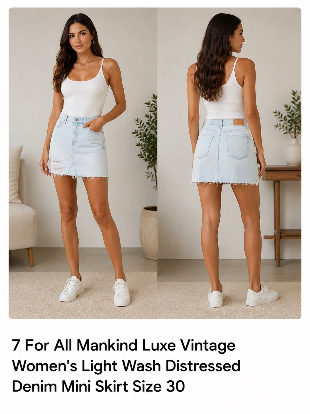 7 For All Mankind Light Wash Distressed Denim Mini Skirt - White/Light Blue